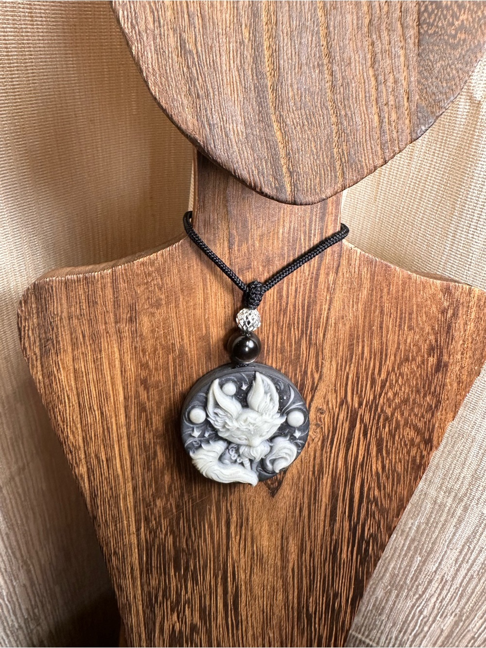 Tai Chi Stone Fox Pendant Necklace on Black Rope - Picture 5 of 14